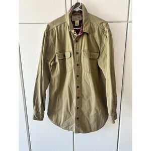 LL Bean Flannel Lined Field Shirt Mens Large Tall Olive Green Cotton Canvas L